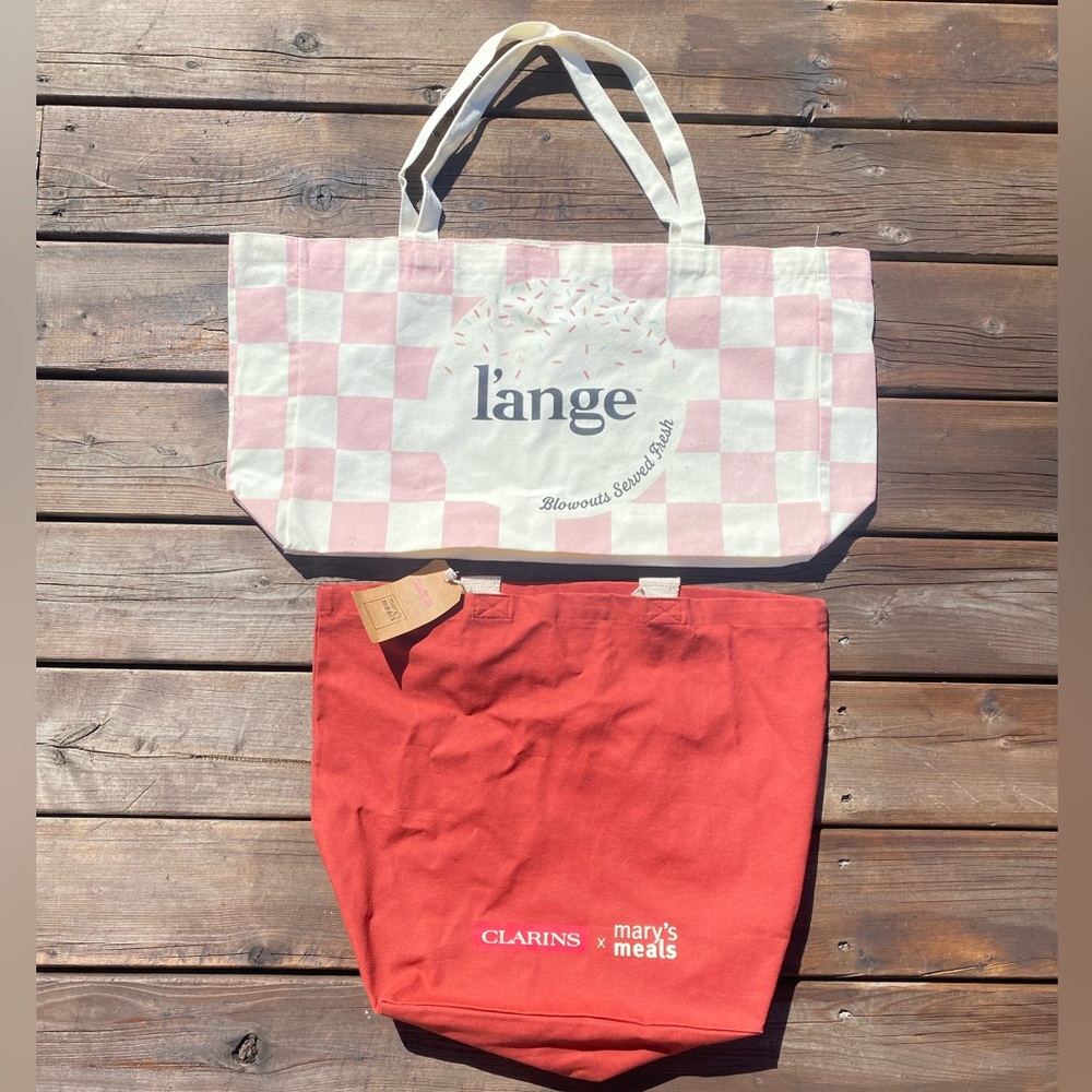 NEW 2 Lange & Clarins X Mary’s Meals Fabric Travel Tote Bags Checkered Authentic